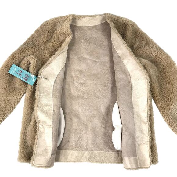 Australian Wool V Neck Fur Coat Women L Brown Soft Cozy Unique Boho Elegant NWT - Picture 5 of 14